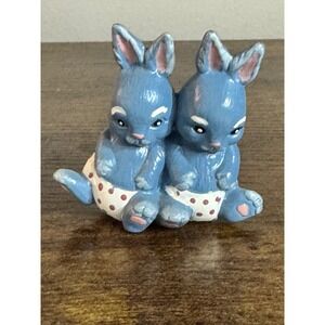 Vintage Blue Bunny Twins Figurine Hand Painted Easter Decor Anthropomorphic